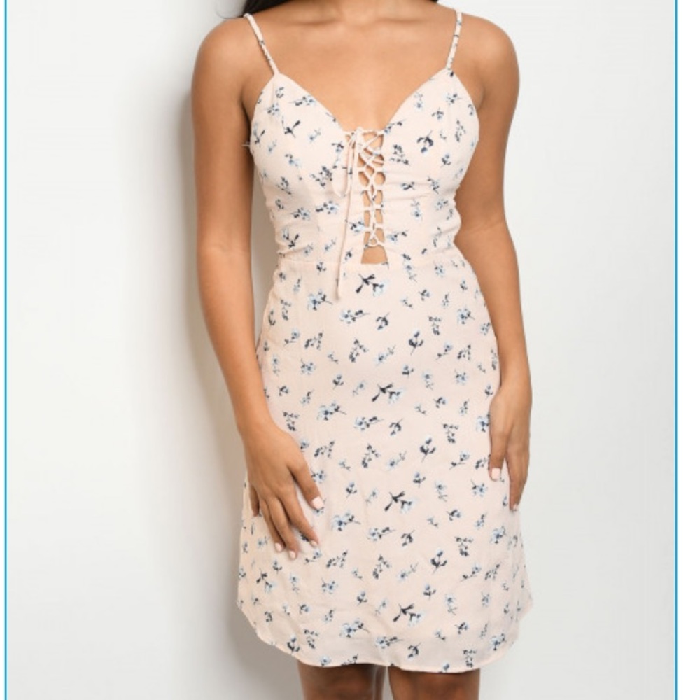 Peach dress with blue floral print